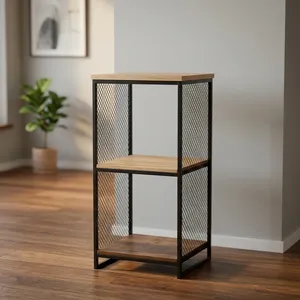Étagère à livres en bois à 3 niveaux de style industriel moderne avec cadre en métal grillagé pour le salon, le bureau à domicile, le rangement - Product Image 4