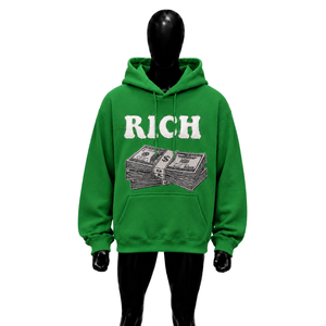 Sweat-shirt à capuche vert surdimensionné personnalisé avec imprimé graphique 'Rich Letter Money Stack' style streetwear pour hommes, vente en gros - Product Image 1