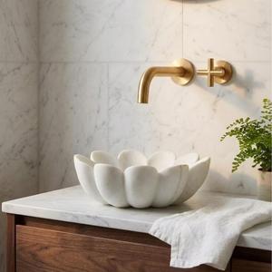 Lavabo de Lujo de Mármol Blanco con Diseño de Flor de Loto, Hecho a Mano, para Baño, Lavabo Decorativo Moderno para Encimera - Product Image 1