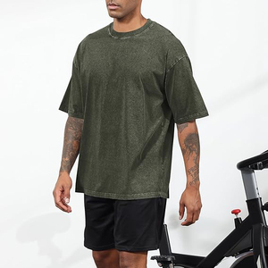 Camisetas para hombre verde oliva, estilo vintage, lavado ácido, de algodón grueso, hombros caídos, estilo streetwear. - Product Image 1