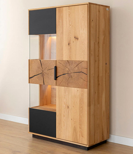 Modern Eco-friendly Solid Wood Living Room Cabinet Geometric Cutouts Glass Panels Storage Display Unit 4 Compartments <b>Slab</b> Door - Product Image 2