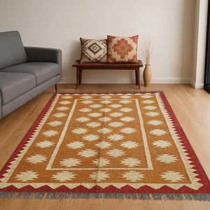 Tapis géométrique Kilim fait main, rectangulaire, en laine et acrylique, à poils plats, pour salon, avec support en jute, fabriqué en Inde - Product Image 4