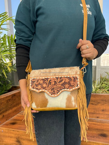 Fashionable Women's Hand Tooled Genuine Leather Fringe Crossbody Bag Multifunctional Luxury Cowhide Floral Shoulder Flap <b>Handbag</b> - Product Image 2