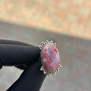 <b>Indian</b> Wedding Girls Thulite Gemstone <b>Ring</b> 925 Sterling Silver Bezel Setting Pave Setting Handmade Luxury Jewelry - Product Image 1