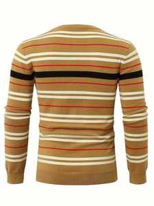 Pull décontracté rayé pour homme, col rond, coupe ajustée, rayures horizontales multicolores, tricot chaud pour l'automne et l'hiver - Product Image 2
