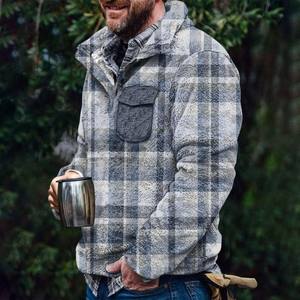 Sweat à capuche à col roulé en peluche à carreaux automne-hiver pour hommes avec faux bouton Sherpa moelleux Pull Streetwear à imprimé ethnique - Product Image 3