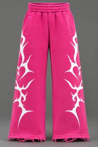 Pantalones de chándal anchos de cintura elástica media, transpirables, estilo Y2K, hechos a medida para mujer, color rosa intenso con dobladillo deshilachado, pantalones holgados. - Product Image 2