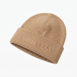 Custom Beige Knit Beanie <b>Hat</b> <b>Winter</b> Warm Cuffed Skull Cap With Embroidered Logo - Product Image 3