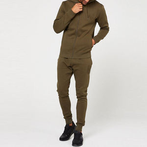 Men's Olive Green Hooded Tracksuit Set Full Zip Sweatshirt Jogger Pants Solid Color Casual Autumn Wear Anti-Shrink Lightweight - Product Image 2