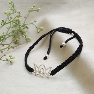 Classic Unique Style Adjustable Glass <b>Beads</b> Black Cord <b>Bracelet</b> with Sterling Silver Lotus Charm Luxury Fine Jewelry for Women - Product Image 3