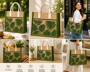 Bolsa de Yute Laminada Personalizada con Estampado de Hojas Tropicales, Ecológica, Reutilizable, con Bolsillo con Cremallera, Asa de Algodón, Resistente, para Exposiciones, Amani - Product Image 5