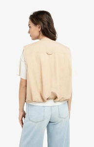Gilet sans manches beige pour femme, col sans revers, couleur unie, tissu tissé, style minimaliste, vêtement d'extérieur, longueur normale - Product Image 4