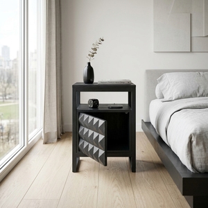 Dice Side Table Black Modern Wooden Storage <b>Drawer</b> Cabinet Organizer Featuring Geometric Diamond Pattern Carved Facade Metal Bas - Product Image 3