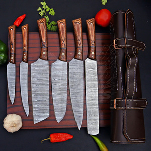 Professional Modern Damascus Steel Chef <b>Knife</b> Set 6 Pcs Premium Kitchen Cutlery Wood Handles High-Polish Finish Custom Logo - Product Image 1