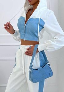 Women's Custom <b>Cropped</b> <b>Zip</b> <b>up</b> Tracksuit Set 100% Cotton French Terry Casual Sports Hoodie and Sweatpants Set - Product Image 2