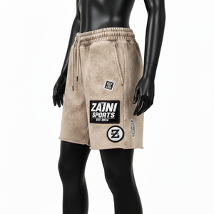 Shorts en molleton de coton premium 320 GSM, beige délavé, avec broderie de patch en chenille et logo personnalisé - Product Image 3