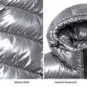Blouson matelassé pour homme personnalisé, argenté brillant, à capuche, chaud, en nylon enduit de duvet, zippé, coupe-vent, décontracté - Product Image 3