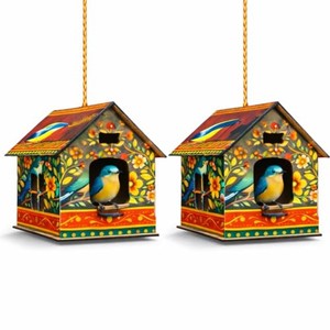 Mangeoire à oiseaux artisanale en bois de manguier - Design folklorique blanchi vieilli - Vente en gros - Product Image 1