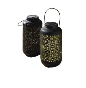 Black Steel <b>Lantern</b> With Perforated Dot Pattern Portable Outdoor Home Decoration <b>Solar</b> Powered <b>Light</b> Fixture - Product Image 1