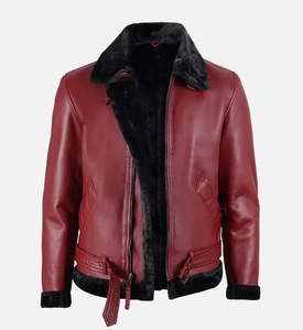 Luxury Burgundy Genuine Leather <b>Jacket</b> Men <b>Shearling</b> Fur Lined B3 Aviator <b>Bomber</b> Winter Coat Belted Windproof Sheepskin <b>Jacket</b> - Product Image 1