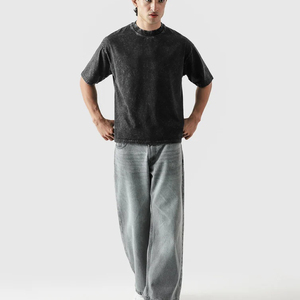 T-shirt décontracté pour homme en coton 100% écologique, noir délavé, à manches courtes, col rond, coupe oversize, couleur unie, tricot jersey vierge - Product Image 4