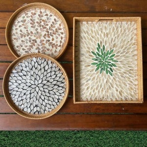 Vintage Boho Rattan Round Tray <b>Table</b> Decor Mother of Pearl Serving Tray Home Hotel Supplies Food Tray - Product Image 6
