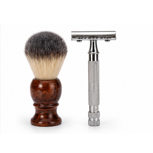Pinceau à raser avec manche en bois et rasoir à double lame en acier inoxydable, ensemble de rasage manuel pour le visage pour hommes, utilisation en salon de coiffure - Product Image 1