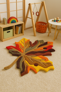 Tapis en laine abstrait moderne de luxe, tufté à la main, motif feuille jaune et rouge, tailles personnalisables, lavable pour la maison et les pique-niques - Product Image 3