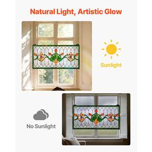 Pannello per finestra in vetro colorato For Style 32 x 17, realizzato a mano, con catena per appendere, transom grande orizzontale rettangolare, modello vintage - Product Image 4