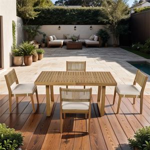 Juego de Mesa de Comedor Minimalista de Madera de Teca para Exteriores con Cuatro Sillas para Patio y Jardín - Product Image 1