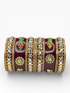 High Quality Trendy Wine Acrylic Bangle Set <b>Pearl</b> Border <b>Gold</b> Plated Trendy Wedding Women's Festive Wear Wholesale Price - Product Image 2