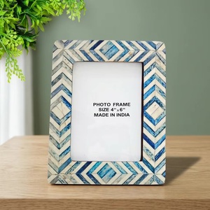 Handmade Waterproof <b>Beads</b> <b>Art</b> Buffalo Horn Wood Photo Frame 4x6 Inch Blue White Inlay Square Tabletop Decor Made Uttar Pradesh - Product Image 1