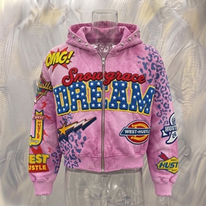 Snowgrace Pink <b>Leopard</b> <b>Print</b> Zip-Up Hoodie Unisex Streetwear Crop Fit Embroidered Design Oversized Hooded <b>Sweatshirt</b> - Product Image 3