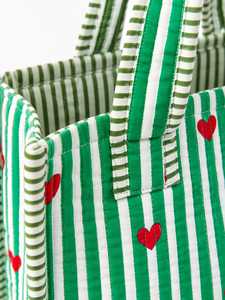 Veer Handicrafts Green <b>White</b> Striped Quilted <b>Tote</b> <b>Bag</b> Red Hearts Embroidery Zipper Closure Fashion Canvas Shopping <b>Bag</b> All - Product Image 4