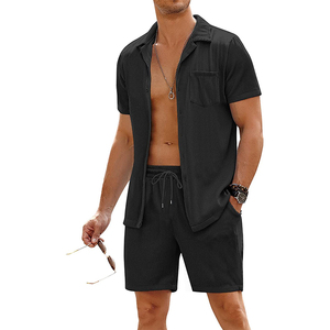 Ensemble chemise et short pour homme, 2 pièces, manches courtes, boutonné, t-shirt et short, couleur unie, décontracté, tenue de plage d'été, respirant, coton tricoté - Product Image 1