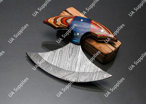 Couteau de cuisine OEM ODM Ulu ultra-affûté, lame en damas en forme de croissant, manche en bois Pakka, style Alaskan en laiton, vente en gros - Product Image 3