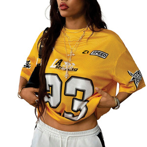 Camiseta de fútbol americano oversize de malla personalizada para mujer, estilo streetwear, cuello en V, uniforme de equipo, producción de números personalizados - Product Image 1