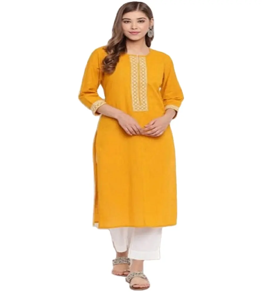 भारतीय कुर्ती नवीनतम कढ़ाई डिजाइनर पीले और गहरे नीले रंग का भारत और पाकिस्तान में महिलाओं के लिए रेयान लंबे कुर्तियां
