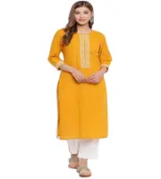 Vestido largo de rayón para mujer, bordado, color amarillo y azul marino, para la India y Pakistán