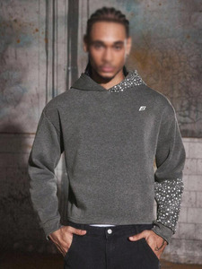 Unisex Cropped Fleece Hoodies <b>For</b> Men's Rhinestone Back Graphic Contrast Sleeve Street wear Pullover Custom Bulk Supply USA - Product Image 2