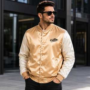 Blouson Bomber en Satin Doré pour Homme, Logo Brodé Personnalisé sur le Devant, Col Montant, Tissu Personnalisable, Streetwear, Vêtement d'Hiver - Product Image 1