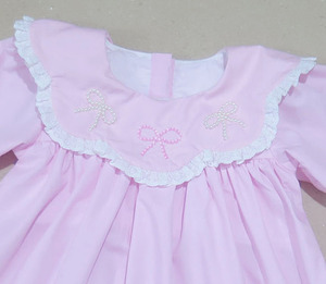 Robe bulle rose pour filles, mini-robe de bal écologique à manches bouffantes avec nœud orné de perles, respirante, 100 % coton - Product Image 2