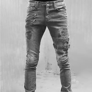 Pantalones vaqueros desgastados de moda para hombre, lavado claro, estilo Kot Denim, con bordados, estilo cargo. - Product Image 6