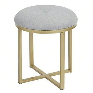 Tabouret ottoman élégant en acier inoxydable de forme ronde, finition dorée antique, tissu blanc, pour salle à manger, chambre à coucher - Product Image 1