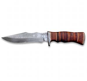 Couteau à lame fixe multi-ébavures en acier Damas forgé à la main, outil artisanal d'extérieur avec manche en cuir et bois empilés - Product Image 3