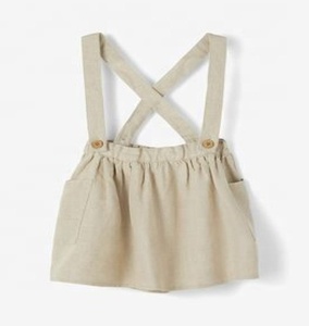 Cute Beige Pinafore Dress With Adjustable Waist Side Pockets & <b>Suspenders</b> With Button Fastening Crafted From Soft Linen Fabric - Product Image 4