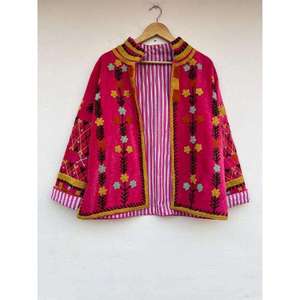 <b>Women</b> Boho Suzani Embroidered Velvet <b>Jacket</b> Pink Floral Open Front Stand Collar Ethnic <b>Vintage</b> Autumn Outerwear - Product Image 4