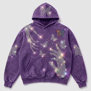 Sudadera con Capucha Personalizada con Lavado Ácido, Estampado de Mariposa y Mano de Esqueleto con Pedrería, de Alta Calidad, Tejido Pesado 100% Felpa, Estilo Urbano - Product Image 5