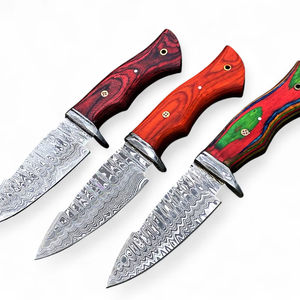 Couteau de camping à lame fixe, pointe tombante, en acier Damas, personnalisable OEM, avec manche en bois Pakka coloré et étui en cuir, directement de l'usine - Product Image 1