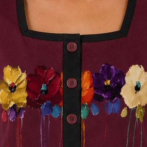 Burgundy And Black Women <b>Two</b> <b>Piece</b> Shorts <b>Set</b> Square Neck Button Top Floral Print Contrast Trim Casual Summer Cotton <b>Lounge</b> Wear - Product Image 6